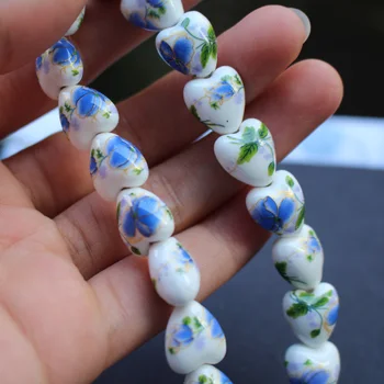 

20Pieces 11.6mm*12mm*8.6mm Heart Shape Ceramic Beads Blue flowers for jewelry making 3991