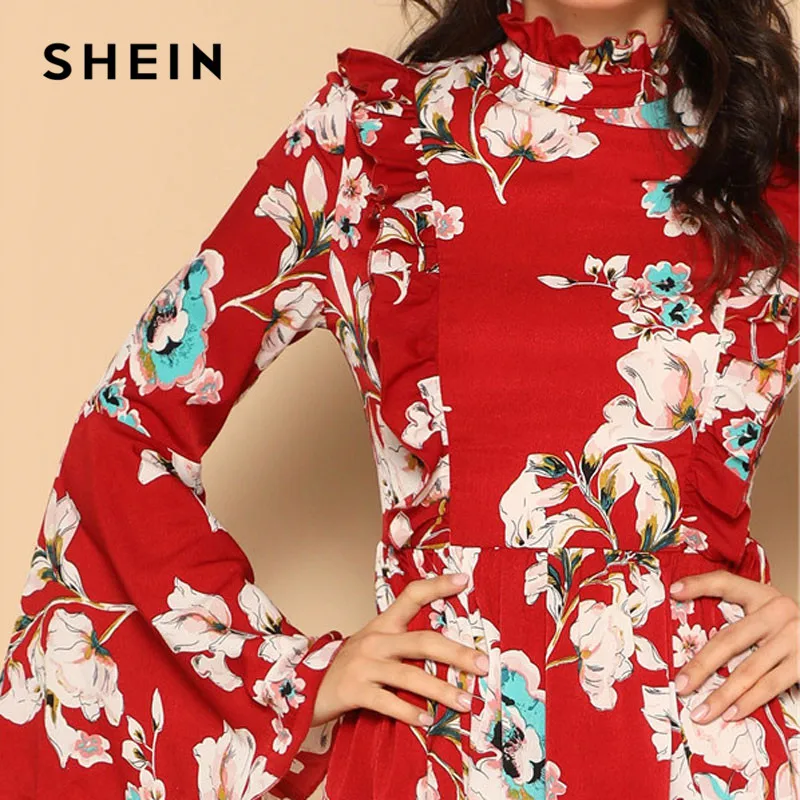 SHEIN Платье С Цветочным Принтом И Оригинальным Рукавом Женские Элегантные Платья С Цветочным Принтом С Высокой Талией Для Отдыха