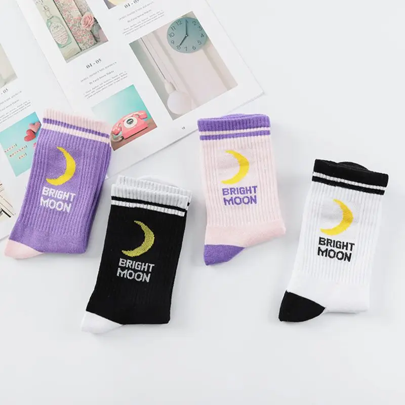 Women Girls Ulzzang Harajuku Cotton Long Crew Socks Rib Trim Double Stripes Moon Letters Printed Hip-Hop Hosiery Skaterboard Str