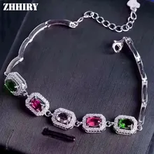 Zhhiry натуральный драгоценный камень турмалин браслет из натурального твердого стерлингового серебра 925 пробы настоящий цвет браслеты из драгоценных камней для женщин ювелирные украшения