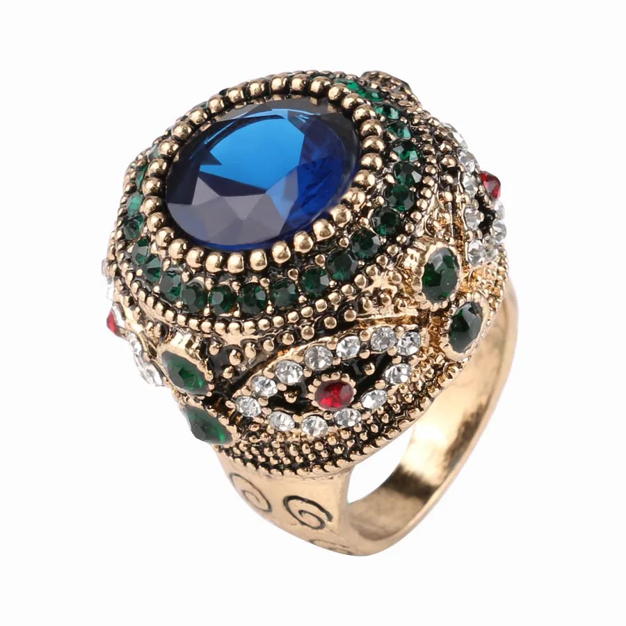 

Gulkina Classic Big Blue Zircon Trendy Ring For Women Bride fashion Bohemia Round Ring Party Gift Yellow Gold Vintage Jewelry
