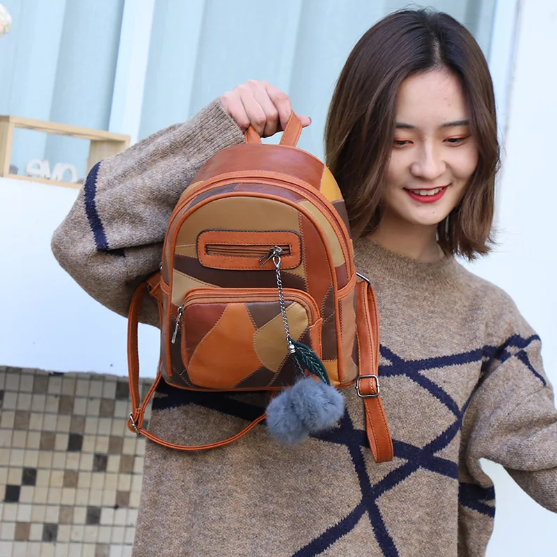 

Genuine Leather New Fashion Sheepskin Stitching Backpack Casual Shopping Wild Shell-shaped Chest Bag Small Backpack