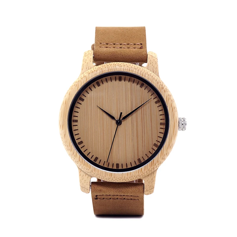 BOBO BIRD Simple Men Bamboo Watches 43mm Wood Dial with Leather Strap in Gift Box