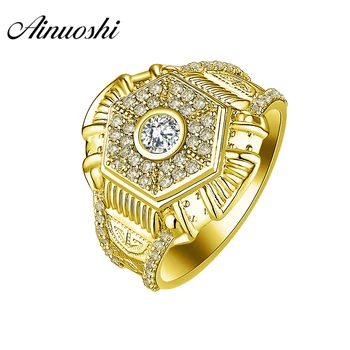 

AINUOSHI 14K Solid Yellow Gold Ring Wedding Band intricate Hexagonal Design Wide Ring Wedding Engagement Gold Jewelry Men Band