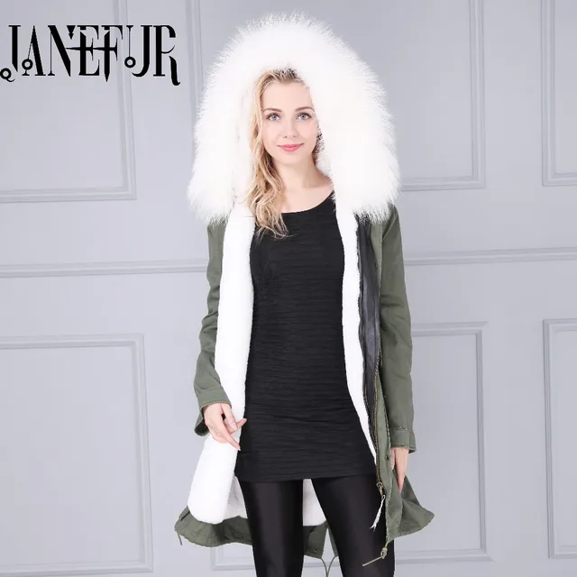 Cheap Women New Genuine Raccoon Fur Collar Hooded Parkas Jackets Long Sleeves Winter Warm Ladies Coat 2016 Fadshion Army Green Outwear