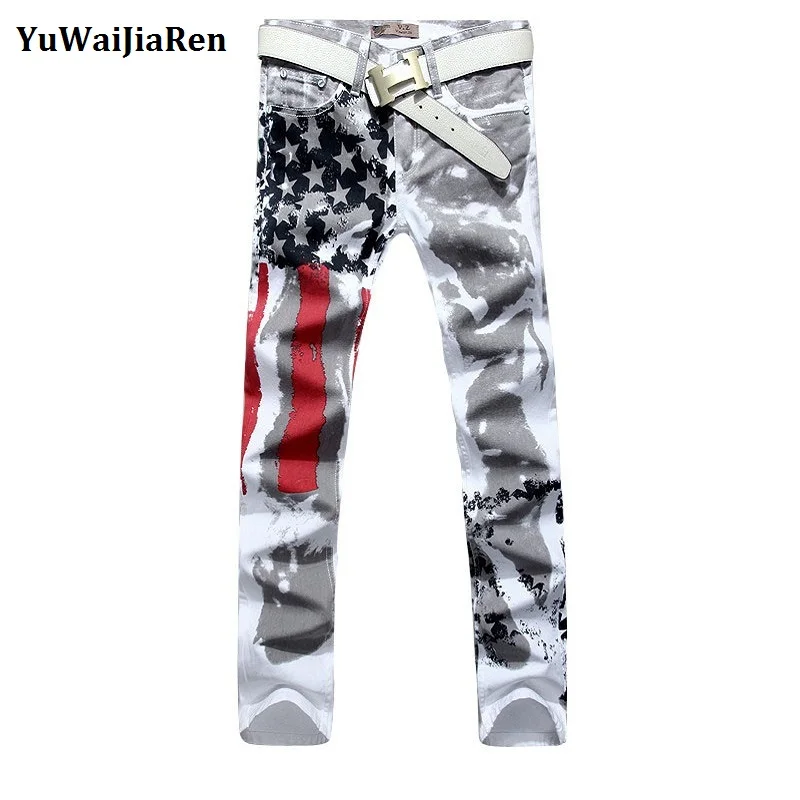 Yuwaijiaren Большие размеры 28-48 бренд Для Мужчин's Штаны новый белый печатных моды Для мужчин Жан тонкий стрейч печать Американский флаг джинсы