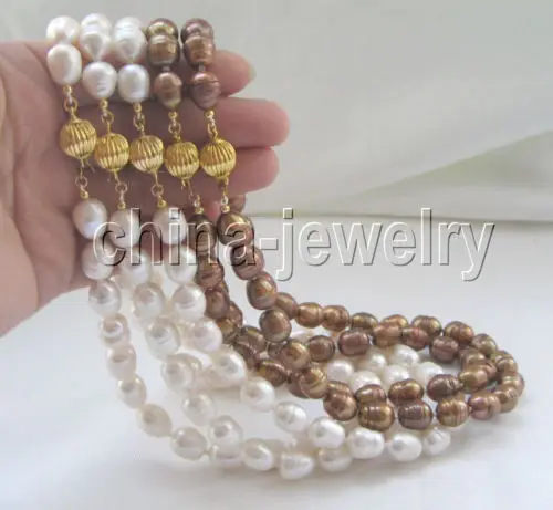 

shipping> >>> Wholesale 5pieces 17"10-13mm white coffee baroque rice freshwater pearl necklace