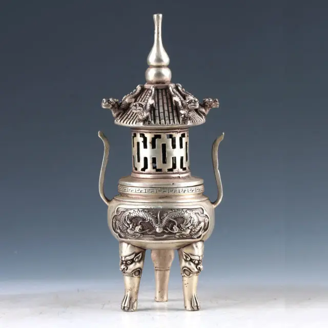 

Collectable Tibet Tibetan Silver Hand Carved Tower Incense Burner