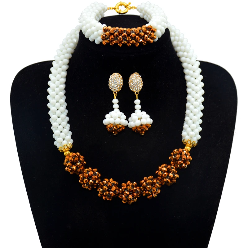 

2017 New Fashion nigerian white gold color wedding african beads jewelry set crystal wedding party necklace bracelet earring