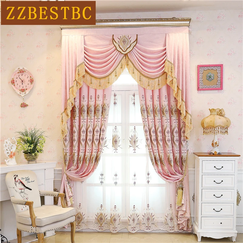 High Quality Pink Chenille Embroidered Curtains Blackout For Bedroom