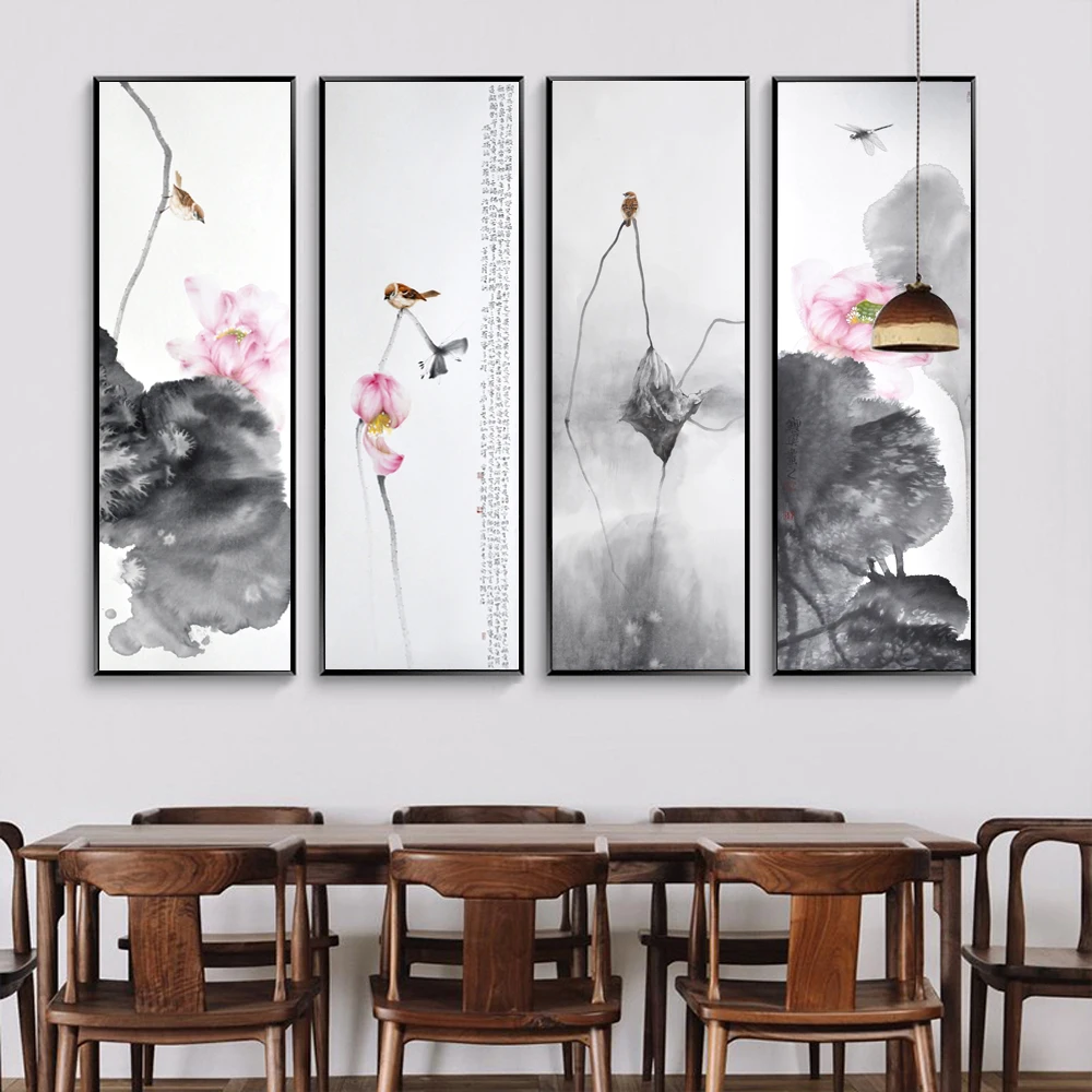 

Unframed Chinese Ink Painting Style Canvas Art Print Painting of Lotus,Birds Stand on the Lotus,Dragonfly Fly over the Lotus