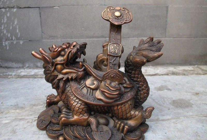

11"Lovely China Fengshui Red Bronze Money Dragon tortoise auspicious Ruyi statue a 0518