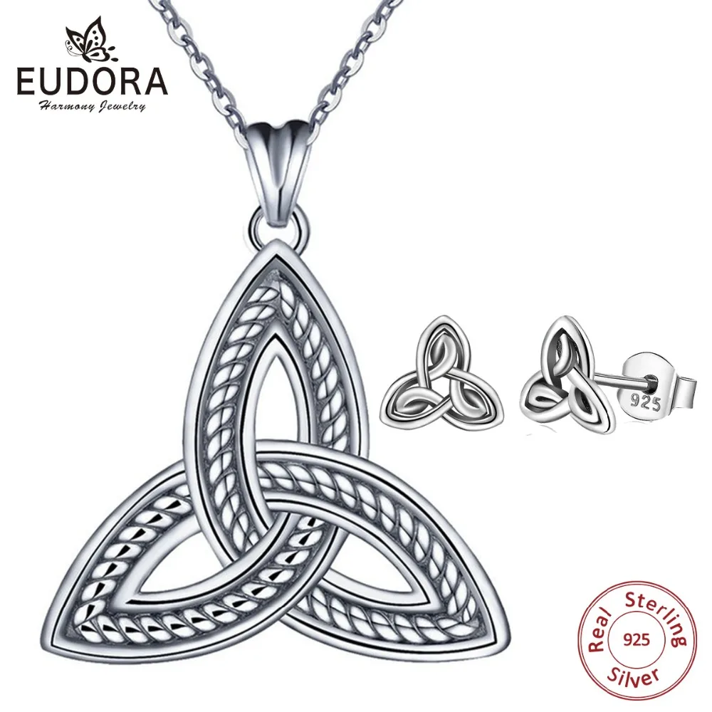 EUDORA, 925 пробы, серебряный, кельтский узел, ювелирный набор, троица, подвеска, ожерелье и серьги-гвоздики, хорошее ювелирное изделие для женщин, подарок E68D134