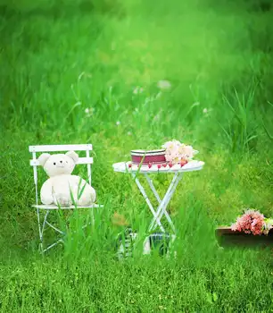 

TR Hot Sale Spring Green Grass Backgrounds For Photo Studio Backdrop White Table Chair Wedding Backdrop for Baby Children Photos