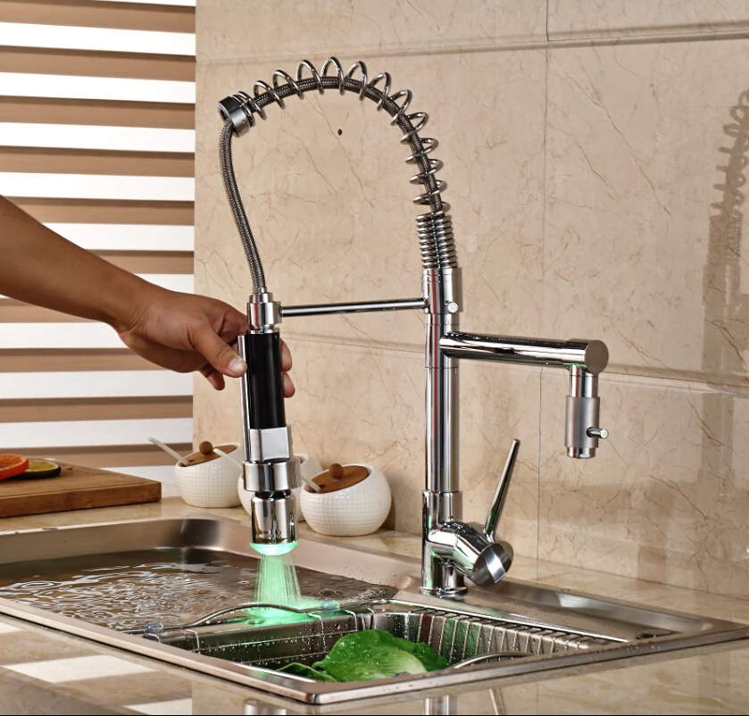 Chrome Finish LED Light Kitchen Faucet Hot Cold Water Coil Spring Deck Mount Mixer Tap One