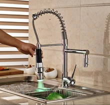 Хромированная Отделка Светодиодные Кухонный Кран Горячей Холодной Воды Пружина Палуба Гора Смесителя на Одно Отверстие