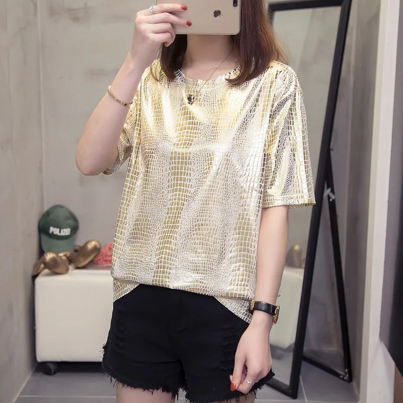 

T-shirts For Women Casual Short Reflective O-neck Plus Size Gold Silver Women Tops Summer 4XL