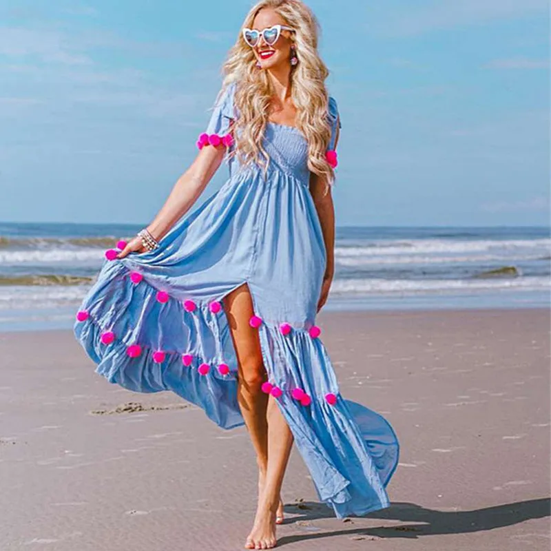 

Female Beach Holiday 2018 Summer Boho Chiffon Lace Up Maxi Dress Velvet Ball Attached Sleeveless Split Solid Bohemian Dress