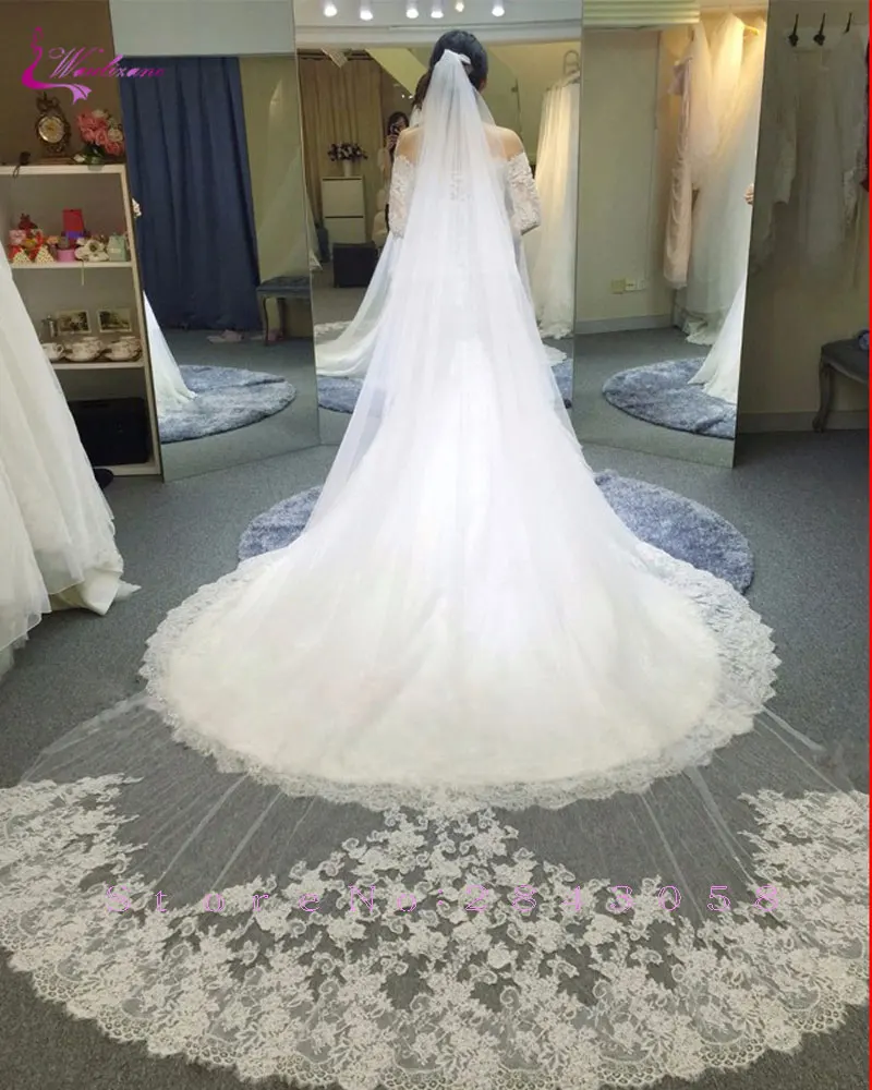 Waulizane Высокое качество мягкий тюль Длинные 3 метра одна аппликация свадебная фата кружево для свадебной вуали без гребня