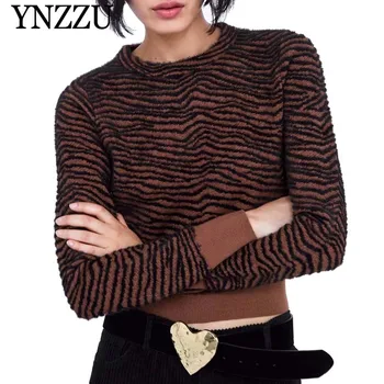 

YNZZU 2019 Spring Zebra Pattern Knitted Sweater Women Fashion long Sleeve Pullovers Women Jumper Loose Casual Short Tops YT510