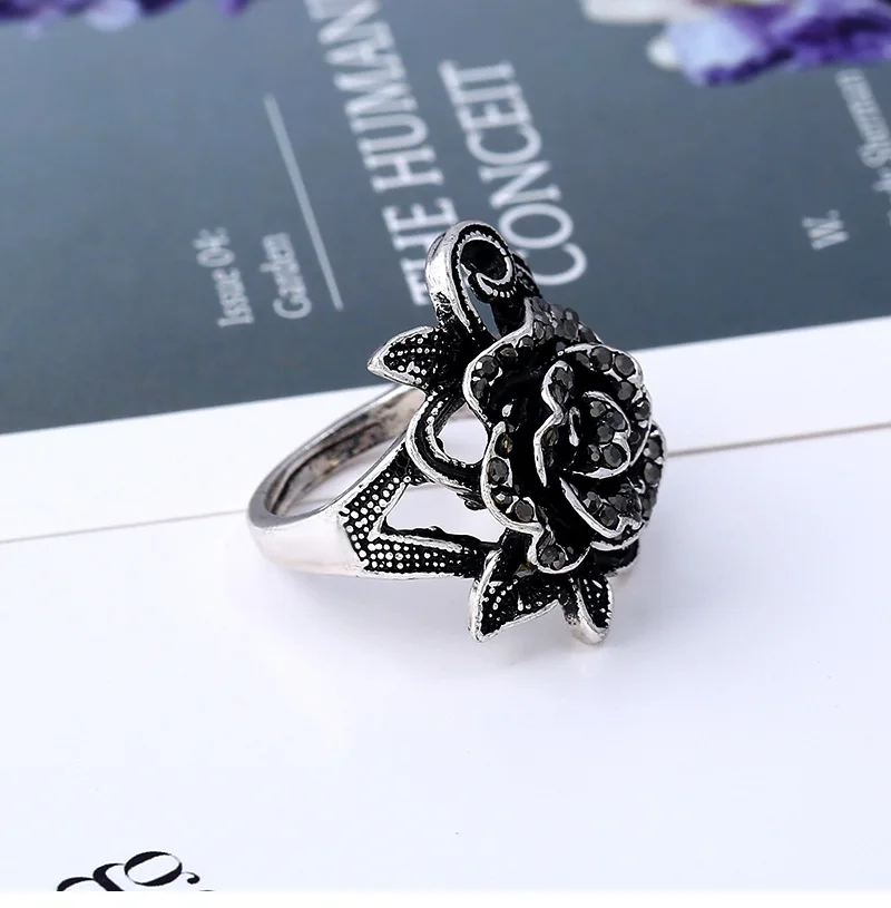 Hot Sale Fashion Jewelry Rings VINTAGE Crystal Black Rose Flower Rings Index Finger Rings For Woman Men