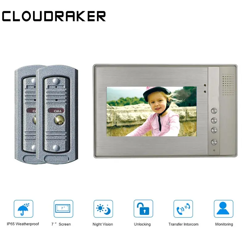 

CLOUDRAKER 7'' Video Doorbell Intercom System 1x Monitor with 2x 720P Wired Door Phone Camera Video Intercom