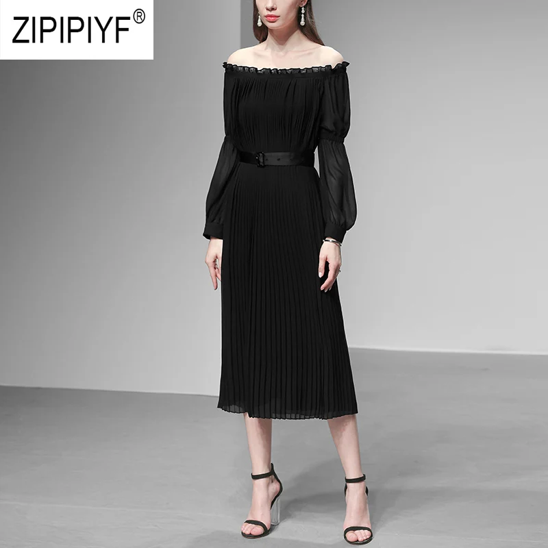 

Elegant Fashion Women Dresses Mid Waist Long Lantern Sleeve Maxi Chiffon Off The Shoulder Dresses Black Sexy Casual Dress Z1079