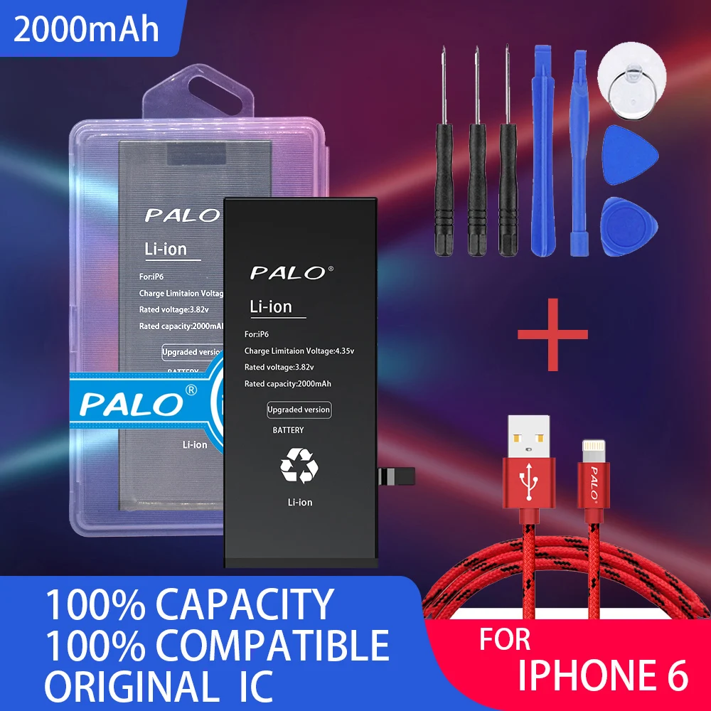 

PALO 1pc Lithium Battery For Apple iPhone 6 Replacement Batteries Internal Phone Bateria 2000mAh + Free Tools and Data line