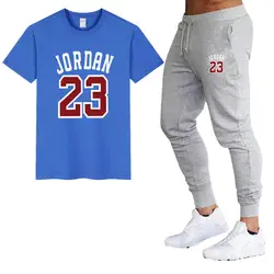 Бренд горячая распродажа повседневный костюм мужской летний качественный Пара Спортивная Хлопок Печать Jordan 23 футболка + брюки