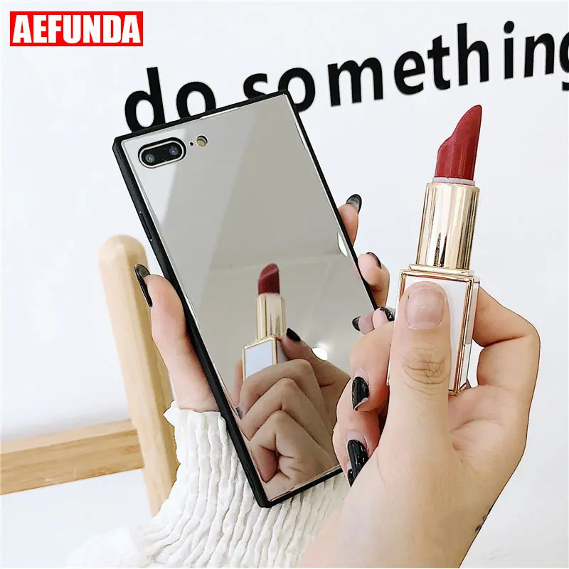 

Girl Make Up Mirror Phone Case Square Case For iPhone XR 7 X XS Max XR 7 8 6S Plus Soft TPU Side+PC Full Body Cover Cases