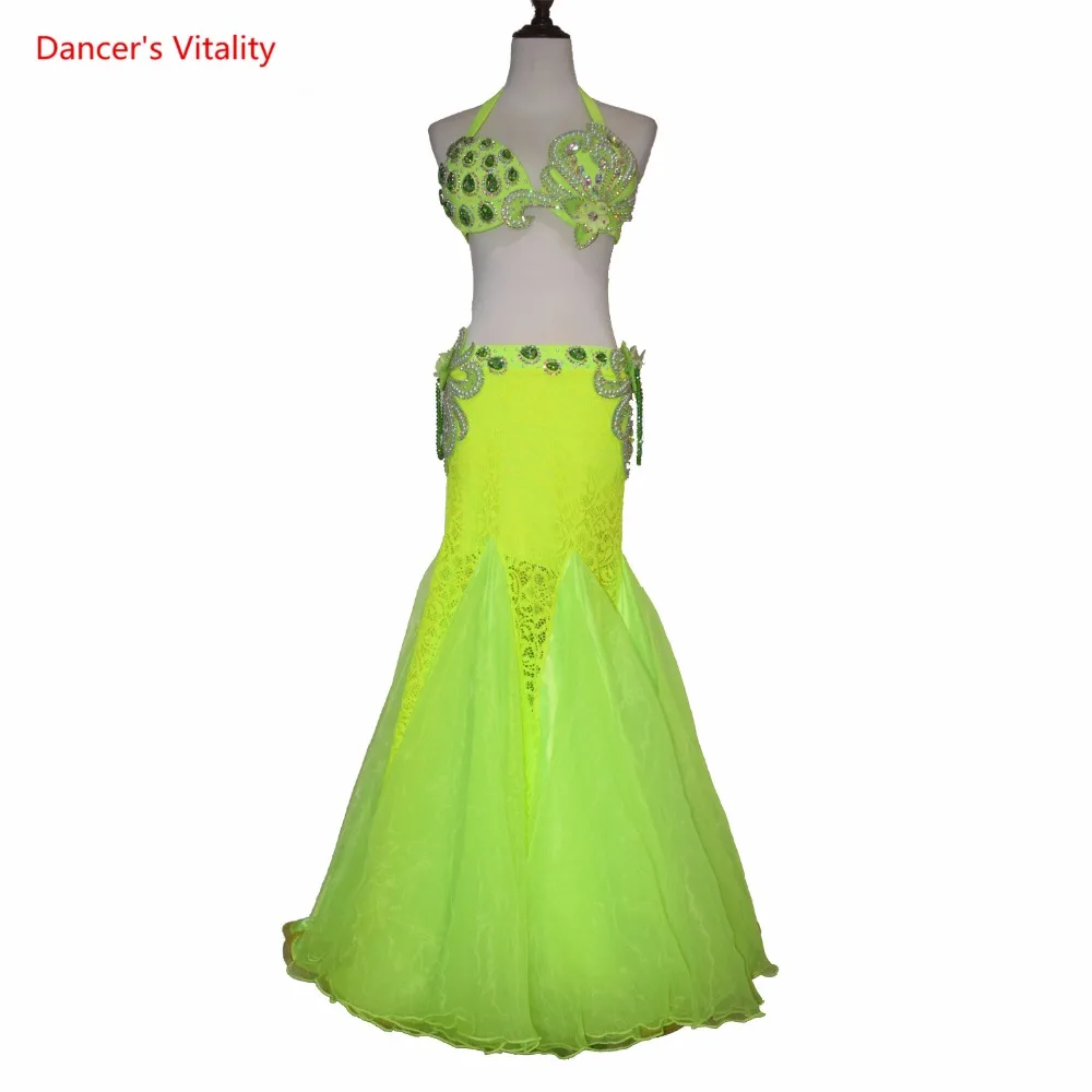 

Belly Dance Suit/Set Women Luxury Belly Dance Clothes Diamond Bra top+Lace long Skirt 2pcs Professional Belly Dance Costumes