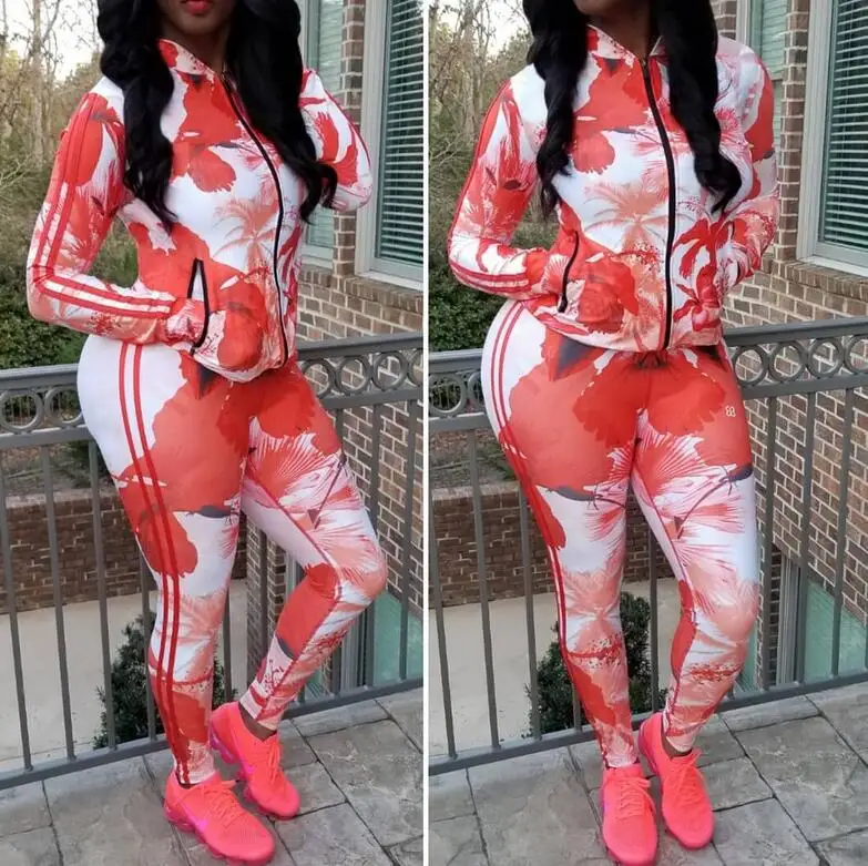 

Spring Printed set Casaul Tracksuit Women 2 Piece Set Top Pants Satin Patchwork Zipper Sexy Sweatshirt Sweat Suit