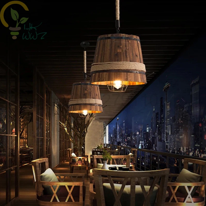В американском стиле из дерева ведро Ретро подвесной светильник для ручной стержень, для кафе ресторан, промышленного ветер пеньковая веревка украсить E27 подвесной светильник
