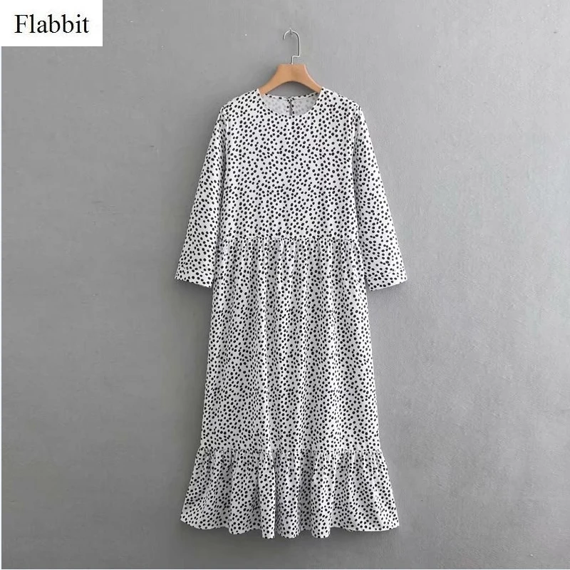

Flabbit women sweet dots printing casual loose long dress ladies o neck pleats big swing cake vestidos chic party dresses DS289