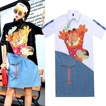 

Loose Women Summer Long Shirts Blouses Cartoon Sequined Printing blousa Denim Spliced femininas Maxi Casual Tops Kimono NZ57