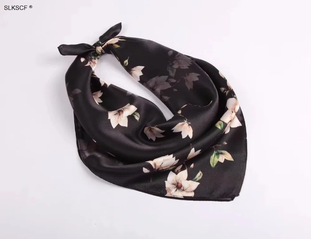 [SLKSCF] 55X55CM Fashion Black Floral Printing Small Scarf Real Silk