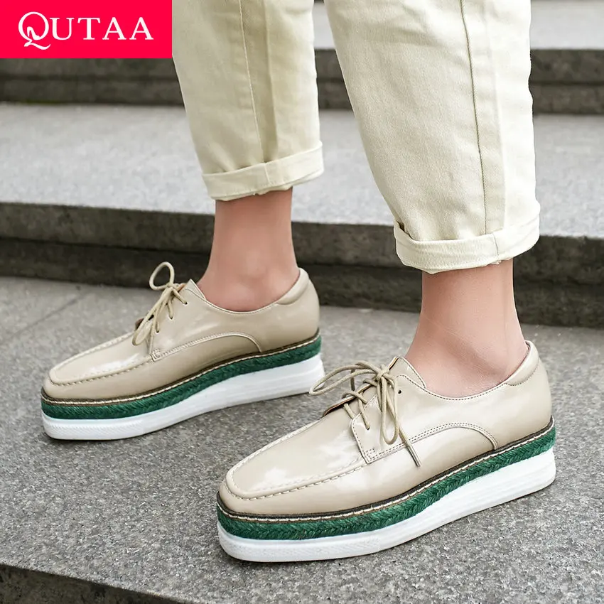 

QUTAA 2019 Women Shoes Cow Leather Wedges Middle Heel Lace Up Round Toe Thick Bottom Ladies Single Shoes Spring/Autumn Size34-39