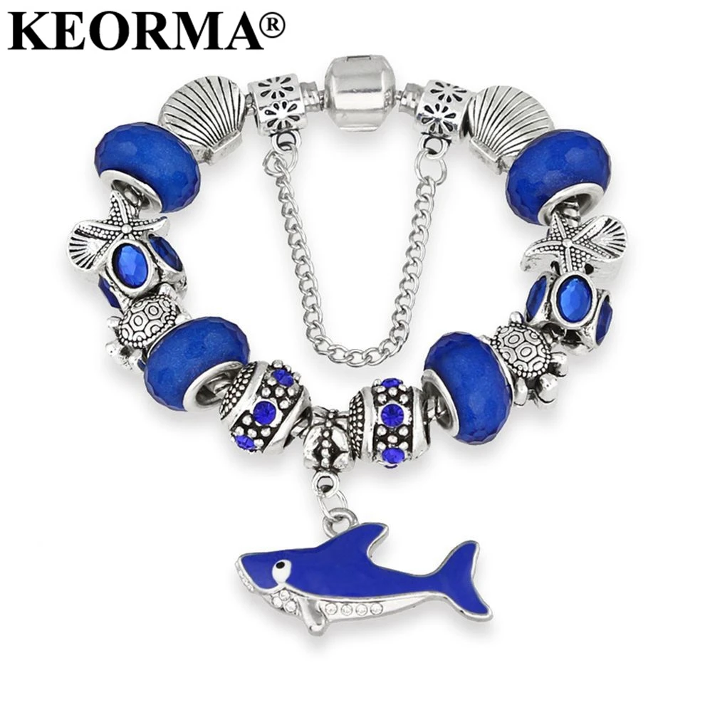 

KEORMA Ocean Style Sea turtles Charm Bracelets Silver Color Royal Blue Crystal Beads Bracelet with Shark Pendant for Women Gift