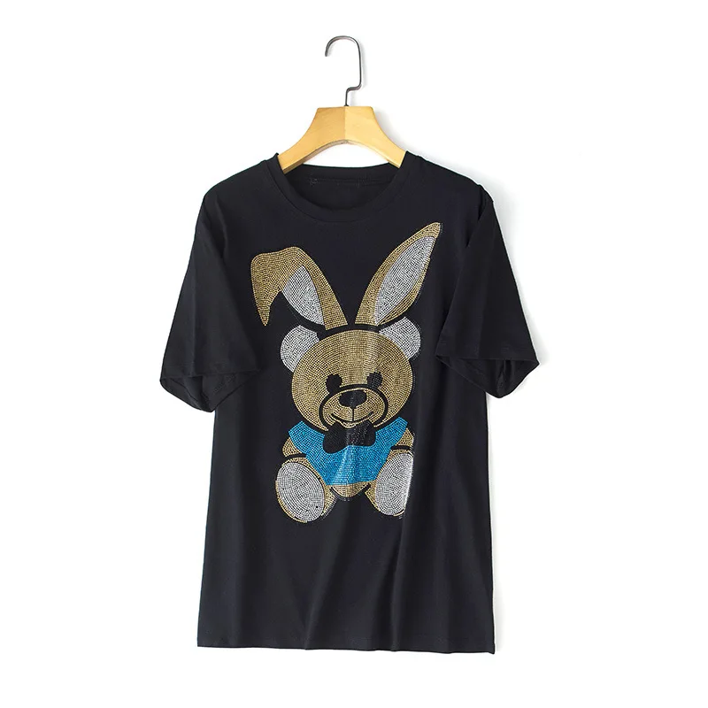 

Casual Tops Bear Rhinestones T Shirt Women Clothes 2019 Summer Streetwear Mercerized Cotton Slim Ladies Tshirt Short Sleeve 1267