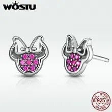 WOSTU, настоящее 925 пробы, серебряные сверкающие серьги-гвоздики с Минни Маус для женщин, девушек, милые ювелирные изделия с животными, подлинный модный подарок SDPS414