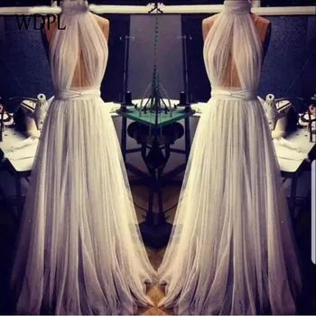 

robe de soiree Sexy Long Evening Dresses Pleats abiye gece elbisesi Tulle Evening Gowns White Formal Dress Halter abendkleider