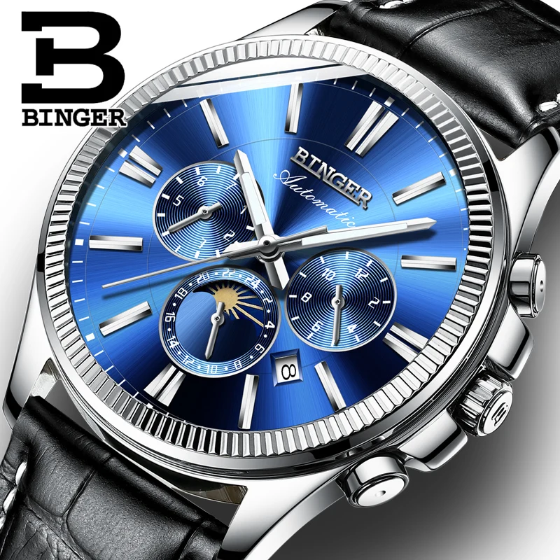

Switzerland Automatic Mechanical Watch Men Binger Casual Business Mens Watches Blue Wristwatches Waterproof relogio masculino