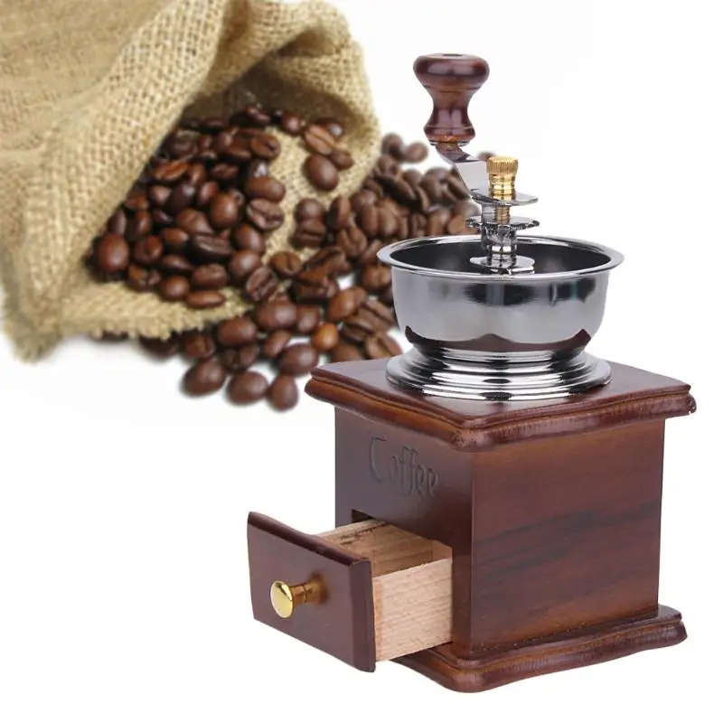 Retro Manual Coffee Bean Grinder Conical Wood Design Burr Coffee