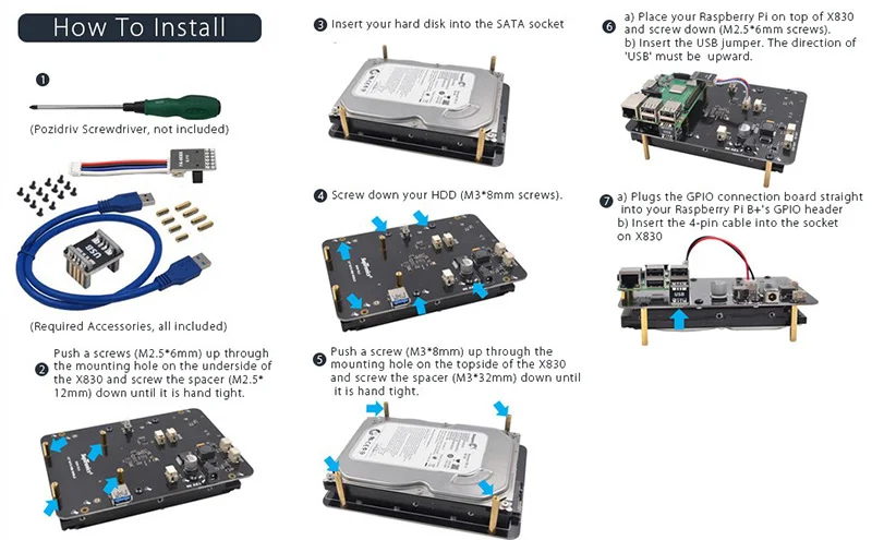 Raspberry Pi X830 V2.0 SATA HDD плата расширения с функцией безопасного выключения, 3," HDD модуль хранения для Raspberry Pi 3 B+ Plus/3B