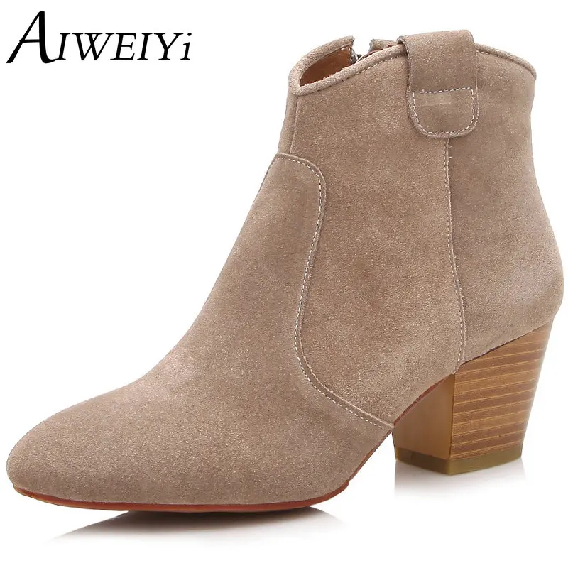 

AIWEIYi Genuine leather Ankle Boots Black Motorcycle Boots High Heels Snow Boots Brand Designer Shoes for Women Platform Pumps