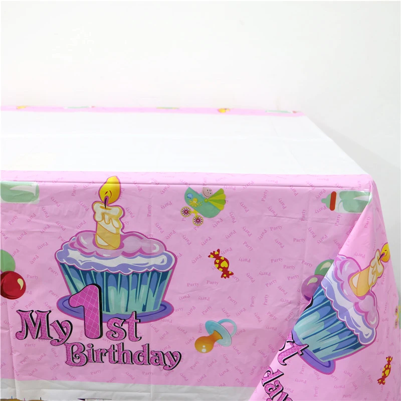 

1pcs\lot 1st Birthday Maps Happy Baby Shower Party Kids Girls Favors Pink Plastic Tablecover Decoration Tablecloth Supplies