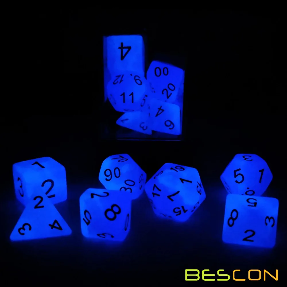 Bescon Two Tone Glowing Polyhedral Dice 7pcs Set FROSTY AMETHYST, Luminous RPG Dice Glow in Dark, DND Role Playing Game Dice