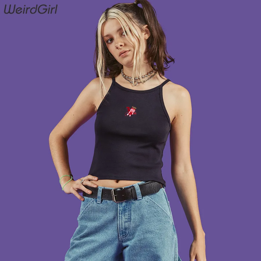 

Weirdgirl women sexy tank tops embroidery demon sleeveless slim strapless femme tees casual fashion elastic stretched summer new