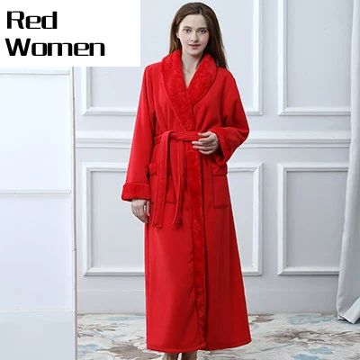 Женский удлиненный утепленный флисовый термо-халат, кимоно, меховой фланелевый теплый банный халат, зимний халат, мужские халаты, пеньюар - Цвет: Women Red