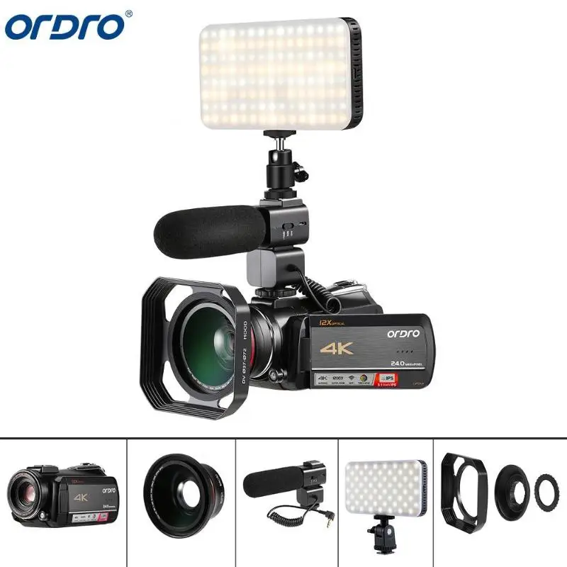 

EU/US Ordro AC5 4K 12X Optical Zoom 24MP WiFi IPS Touch Screen Digital Camera+Lens Hood+Wide Angle Lens+Microphone+LED Light